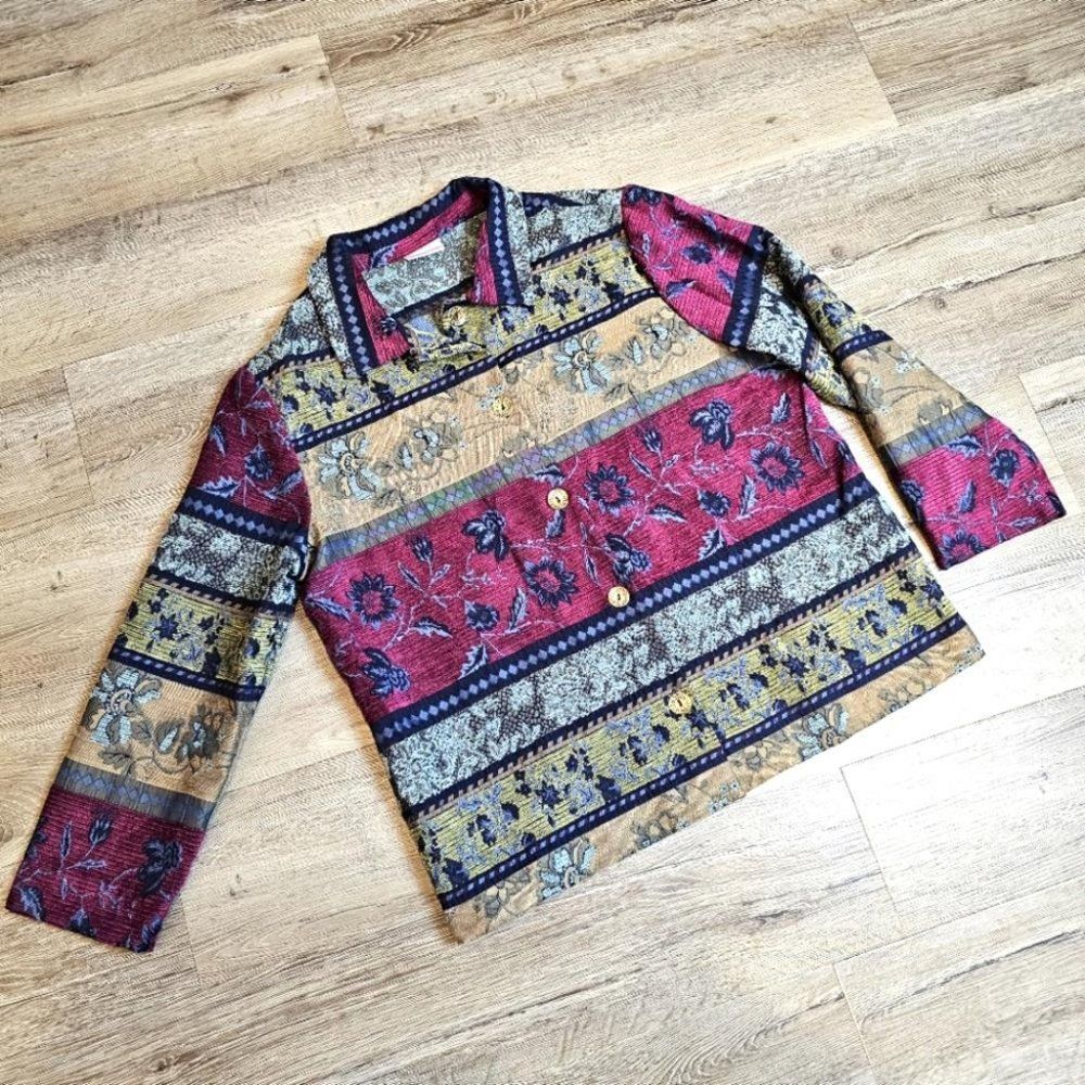 Tapestry Jacket Jacquard Floral Red Blue Tan Multicolor Textured Boxy - Picture 9 of 12